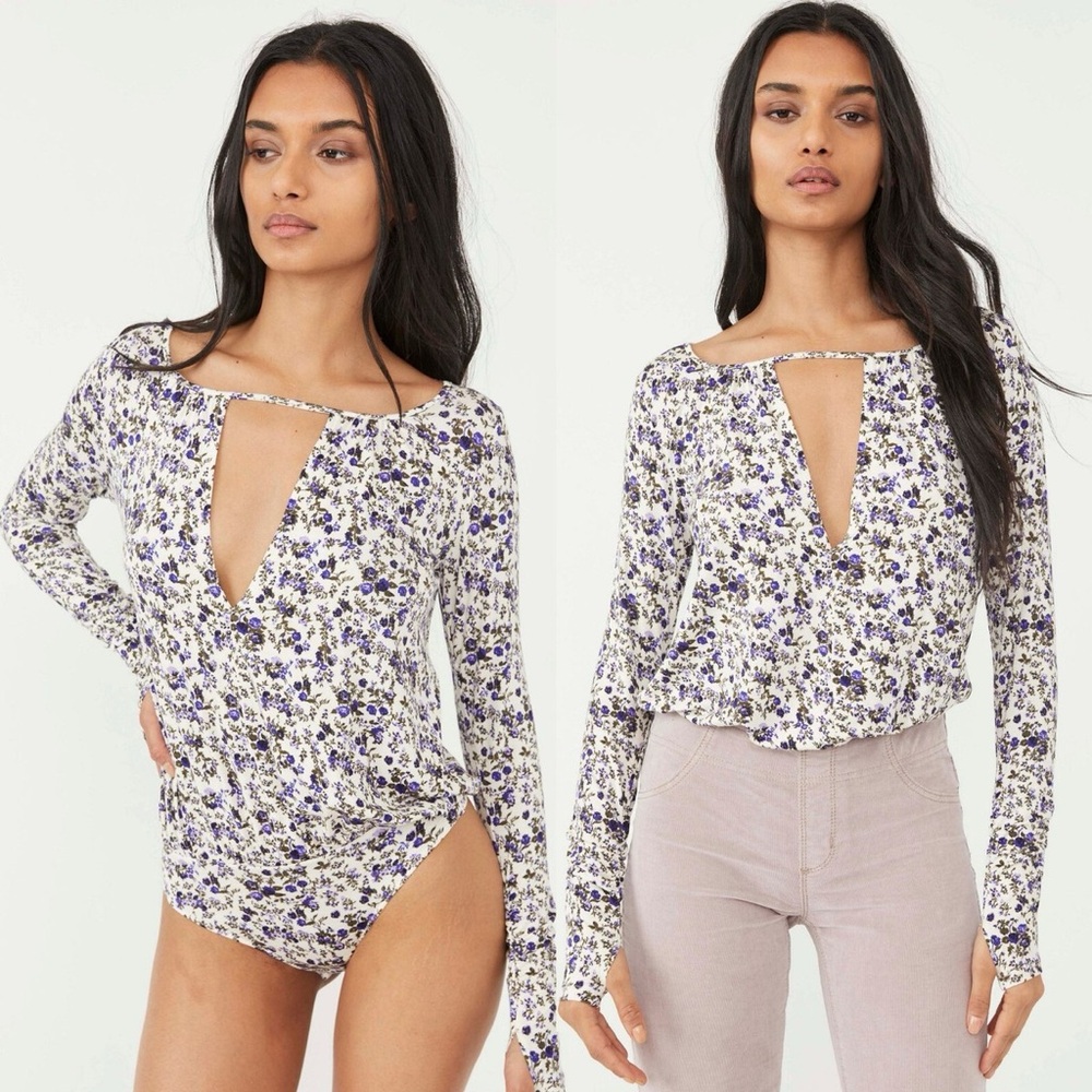 Free People Kaya Printed Keyhole Bodysuit - Ivory Combo